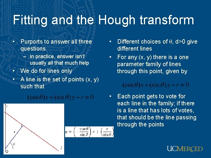 Fitting and the Hough transform • Purports to answer all three questions – in