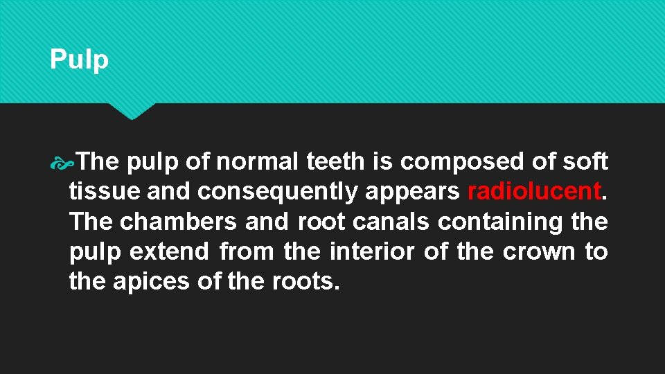 Pulp The pulp of normal teeth is composed of soft tissue and consequently appears