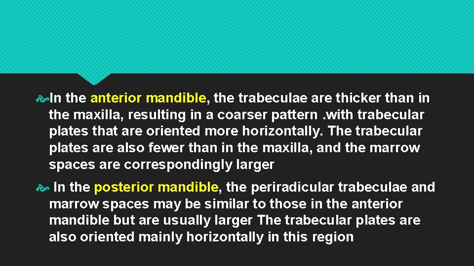  In the anterior mandible, the trabeculae are thicker than in the maxilla, resulting