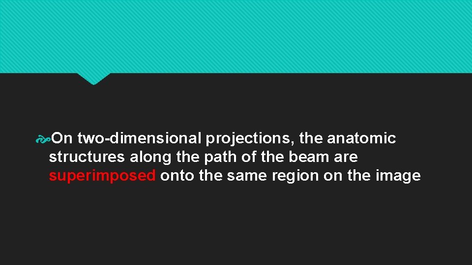  On two-dimensional projections, the anatomic structures along the path of the beam are