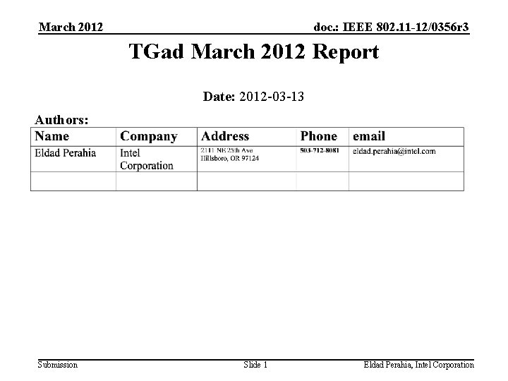 March 2012 doc. : IEEE 802. 11 -12/0356 r 3 TGad March 2012 Report