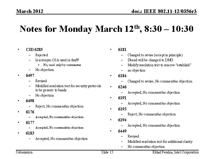 March 2012 doc. : IEEE 802. 11 -12/0356 r 3 Notes for Monday March