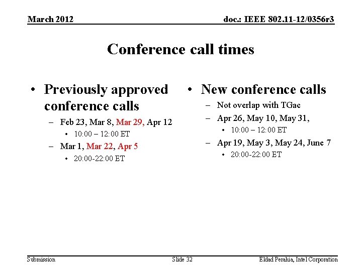 March 2012 doc. : IEEE 802. 11 -12/0356 r 3 Conference call times •