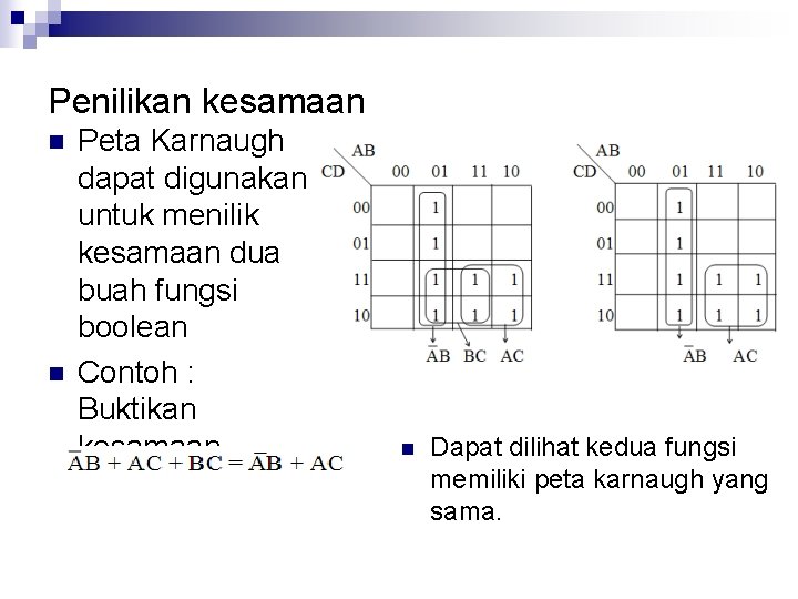 Penilikan kesamaan n n Peta Karnaugh dapat digunakan untuk menilik kesamaan dua buah fungsi