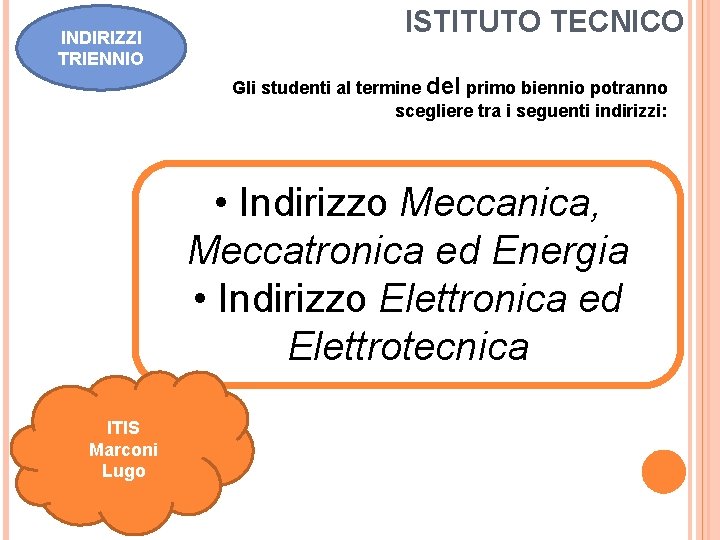 INDIRIZZI TRIENNIO ISTITUTO TECNICO Gli studenti al termine del primo biennio potranno scegliere tra