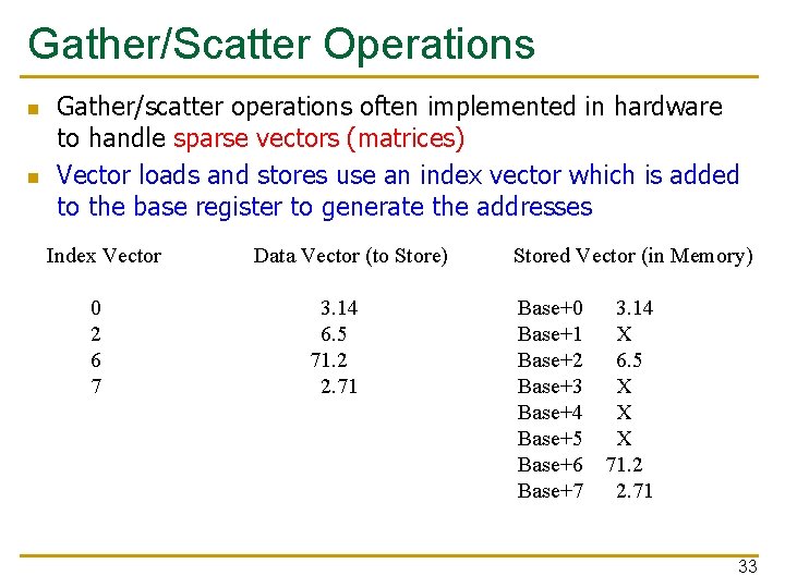 Gather/Scatter Operations n n Gather/scatter operations often implemented in hardware to handle sparse vectors