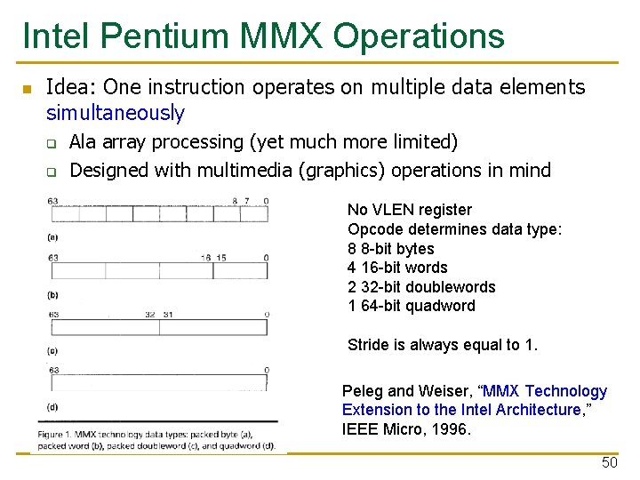 Intel Pentium MMX Operations n Idea: One instruction operates on multiple data elements simultaneously