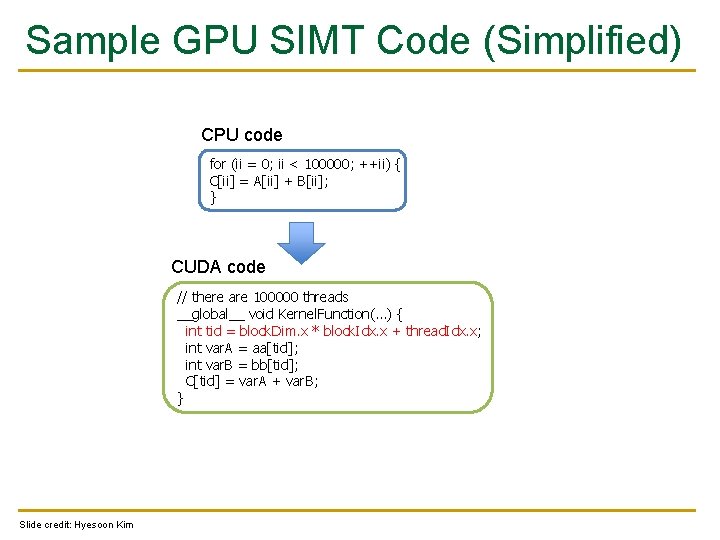 Sample GPU SIMT Code (Simplified) CPU code for (ii = 0; ii < 100000;