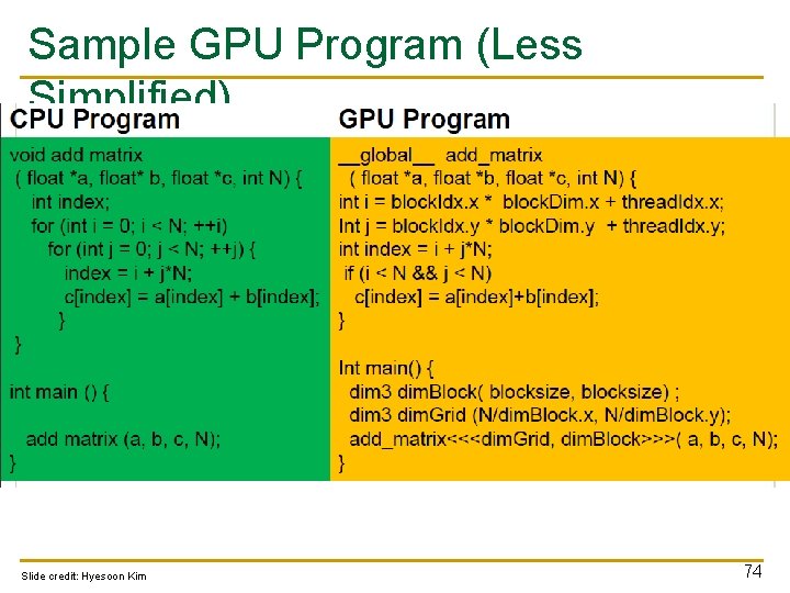 Sample GPU Program (Less Simplified) Slide credit: Hyesoon Kim 74 