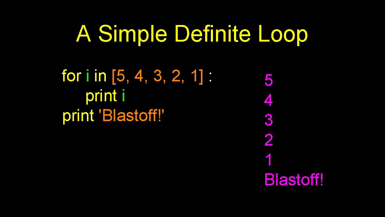 A Simple Definite Loop for i in [5, 4, 3, 2, 1] : print