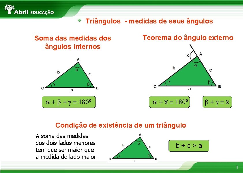 Triângulos - medidas de seus ângulos Soma das medidas dos ângulos internos a +