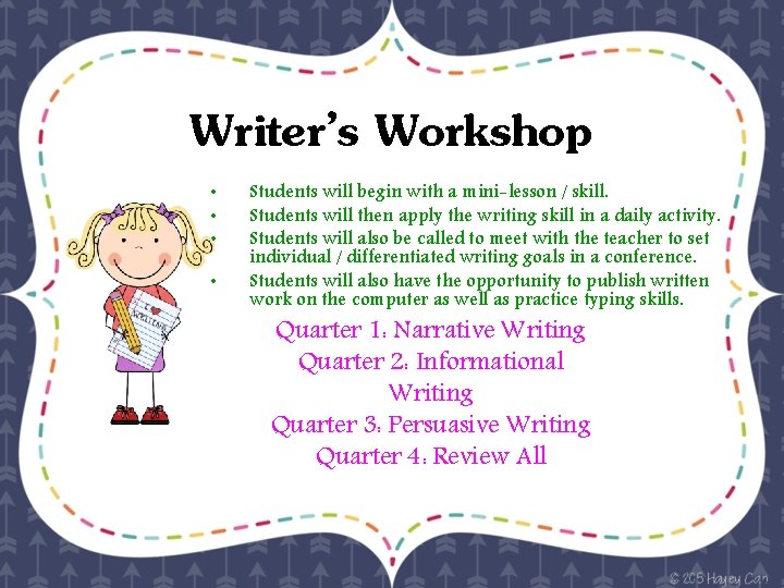 Writer’s Workshop • • Students will begin with a mini-lesson / skill. Students will