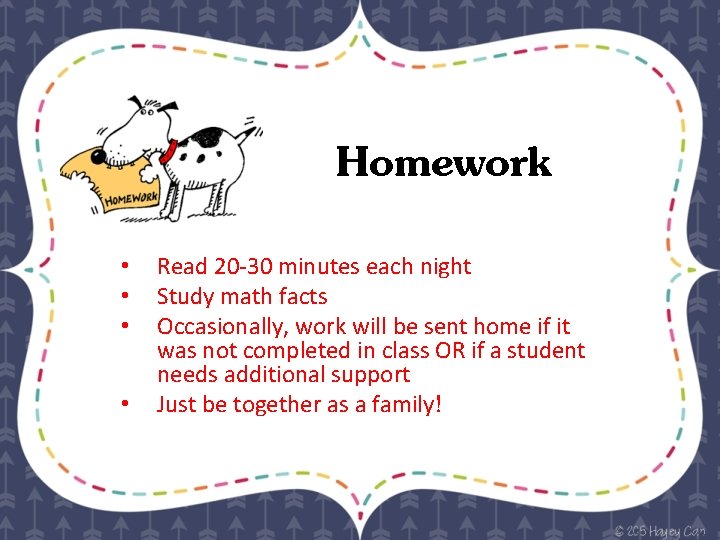 Homework • • Read 20 -30 minutes each night Study math facts Occasionally, work