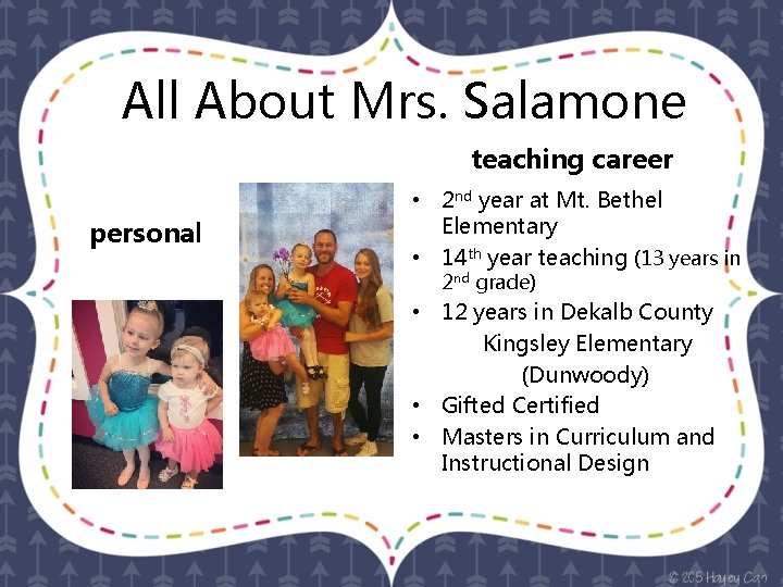All About Mrs. Salamone teaching career personal • 2 nd year at Mt. Bethel