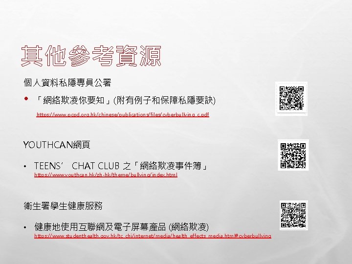 其他參考資源 個人資料私隱專員公署 • 「網絡欺凌你要知」(附有例子和保障私隱要訣) https: //www. pcpd. org. hk/chinese/publications/files/cyberbullying_c. pdf YOUTHCAN網頁 • TEENS’ CHAT