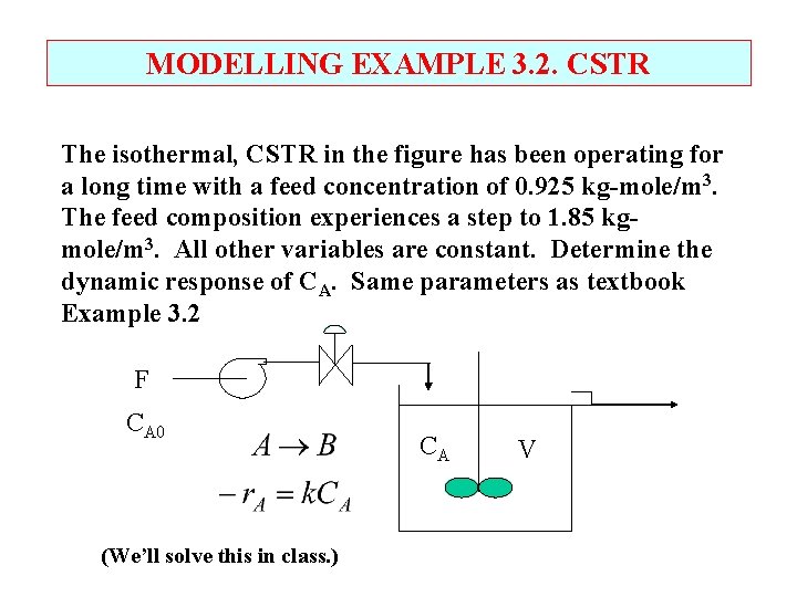 MODELLING EXAMPLE 3. 2. CSTR The isothermal, CSTR in the figure has been operating