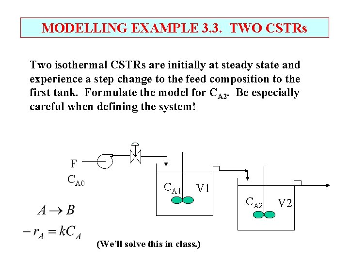 MODELLING EXAMPLE 3. 3. TWO CSTRs Two isothermal CSTRs are initially at steady state