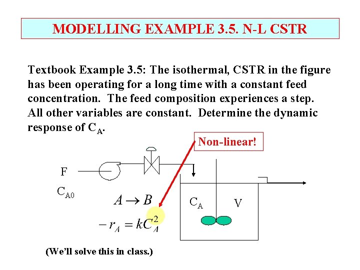 MODELLING EXAMPLE 3. 5. N-L CSTR Textbook Example 3. 5: The isothermal, CSTR in