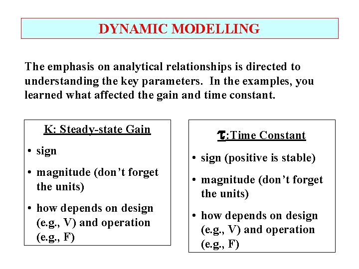 DYNAMIC MODELLING The emphasis on analytical relationships is directed to understanding the key parameters.