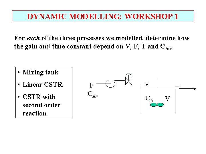 DYNAMIC MODELLING: WORKSHOP 1 For each of the three processes we modelled, determine how