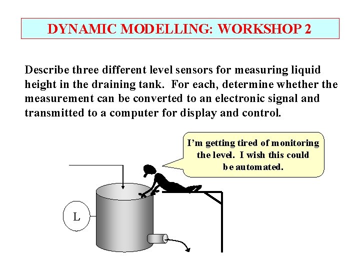 DYNAMIC MODELLING: WORKSHOP 2 Describe three different level sensors for measuring liquid height in