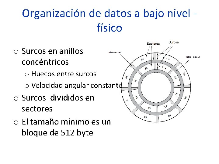 Organización de datos a bajo nivel físico o Surcos en anillos concéntricos o Huecos