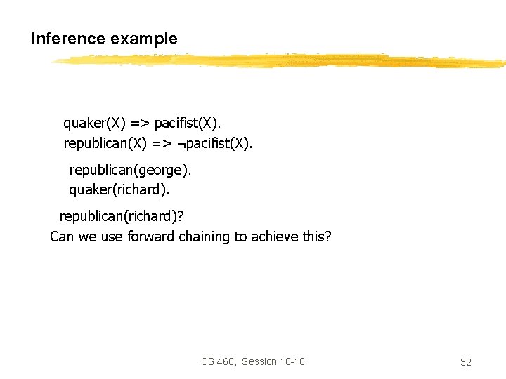 Inference example quaker(X) => pacifist(X). republican(X) => ¬pacifist(X). republican(george). quaker(richard). republican(richard)? Can we use