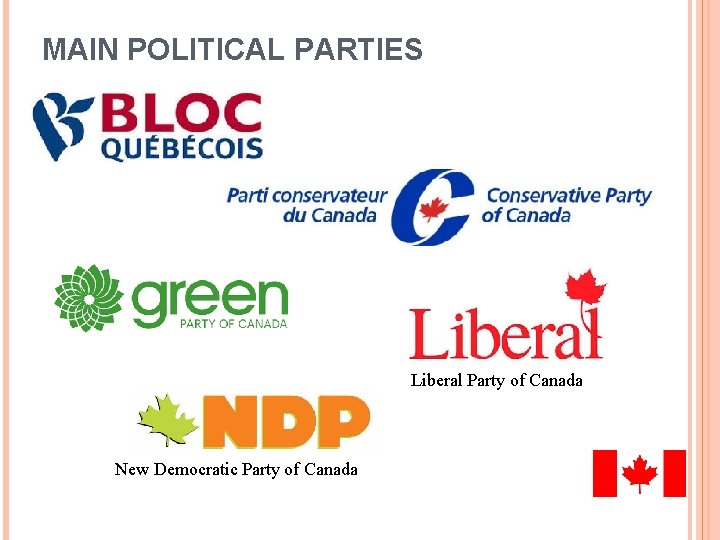 MAIN POLITICAL PARTIES Liberal Party of Canada New Democratic Party of Canada 