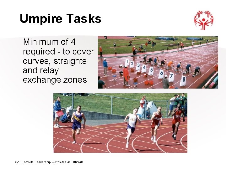 Umpire Tasks Minimum of 4 required - to cover curves, straights and relay exchange