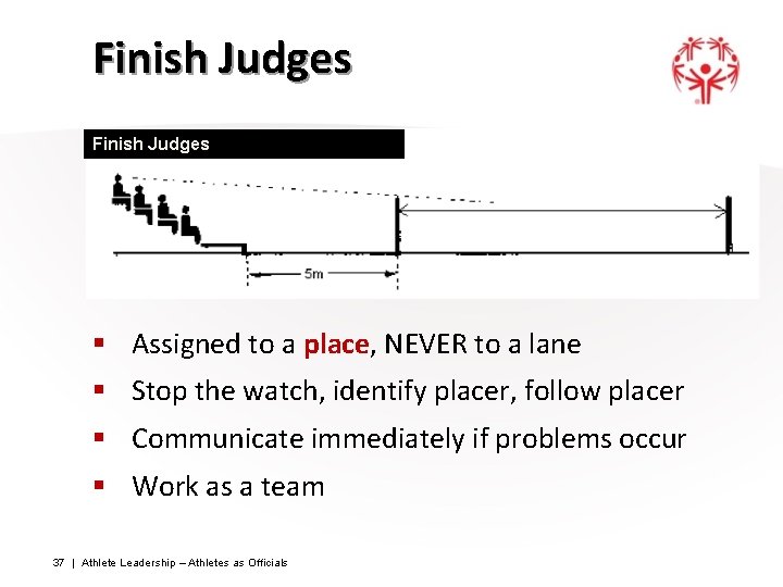 Finish Judges § Assigned to a place, NEVER to a lane § Stop the