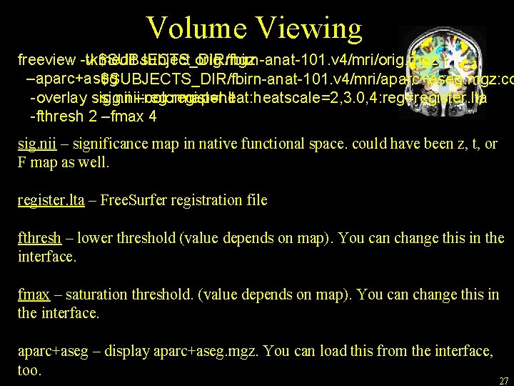 Volume Viewing freeview -tkmedit subject orig. mgz -v $SUBJECTS_DIR/fbirn-anat-101. v 4/mri/orig. mgz  –aparc+aseg