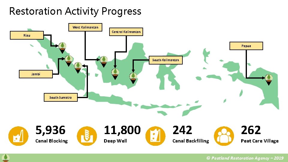 Restoration Activity Progress West Kalimantan Central Kalimantan Riau Papua South Kalimantan Jambi South Sumatra