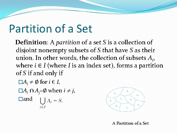 Partition of a Set Definition: A partition of a set S is a collection