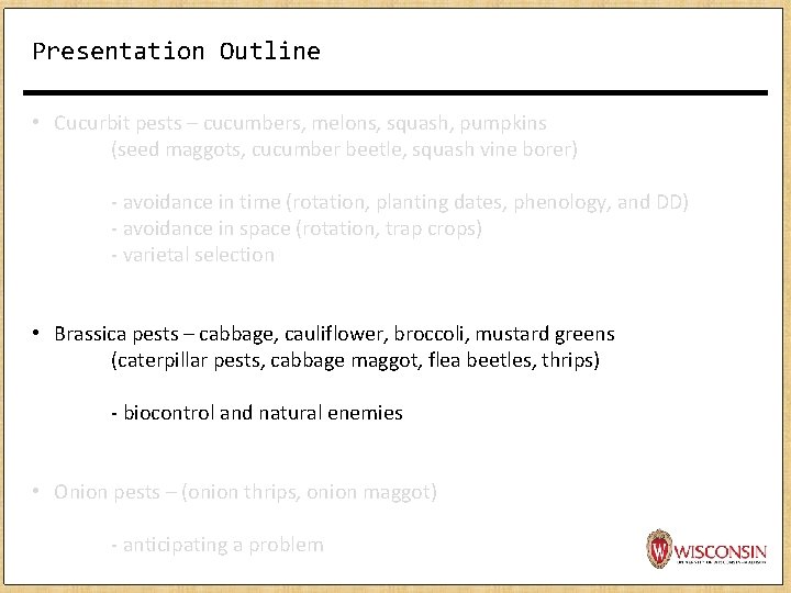 Presentation Outline • Cucurbit pests – cucumbers, melons, squash, pumpkins (seed maggots, cucumber beetle, Presentation Outline • Cucurbit pests – cucumbers, melons, squash, pumpkins (seed maggots, cucumber beetle,