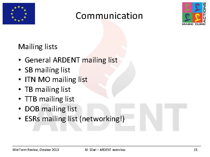 Communication Mailing lists • • General ARDENT mailing list SB mailing list ITN MO