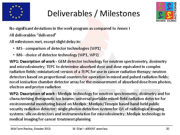Deliverables / Milestones No significant deviations in the work program as compared to Annex