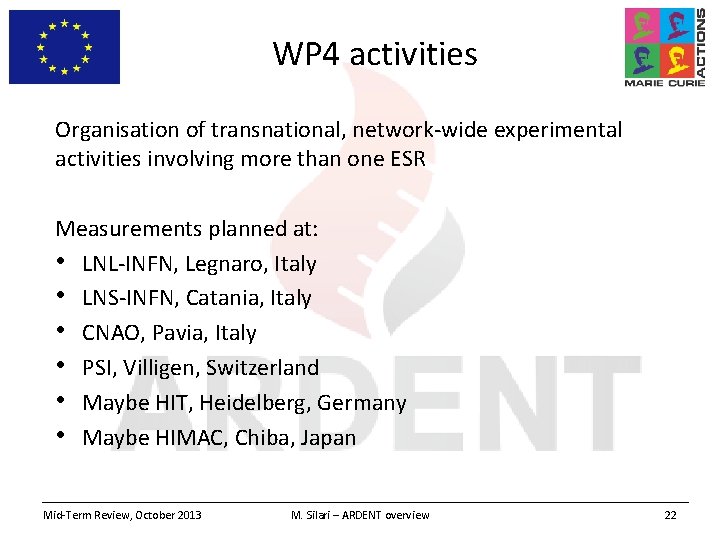 WP 4 activities Organisation of transnational, network-wide experimental activities involving more than one ESR