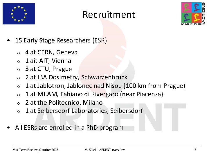 Recruitment • 15 Early Stage Researchers (ESR) o o o o 4 at CERN,