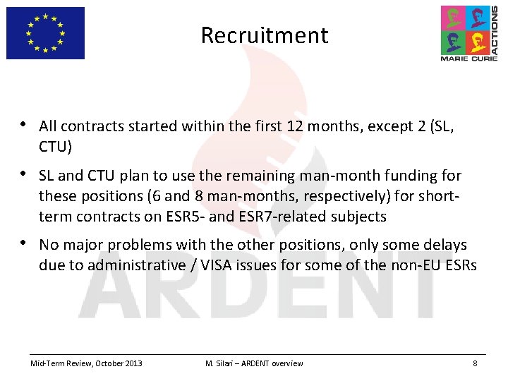 Recruitment • All contracts started within the first 12 months, except 2 (SL, CTU)
