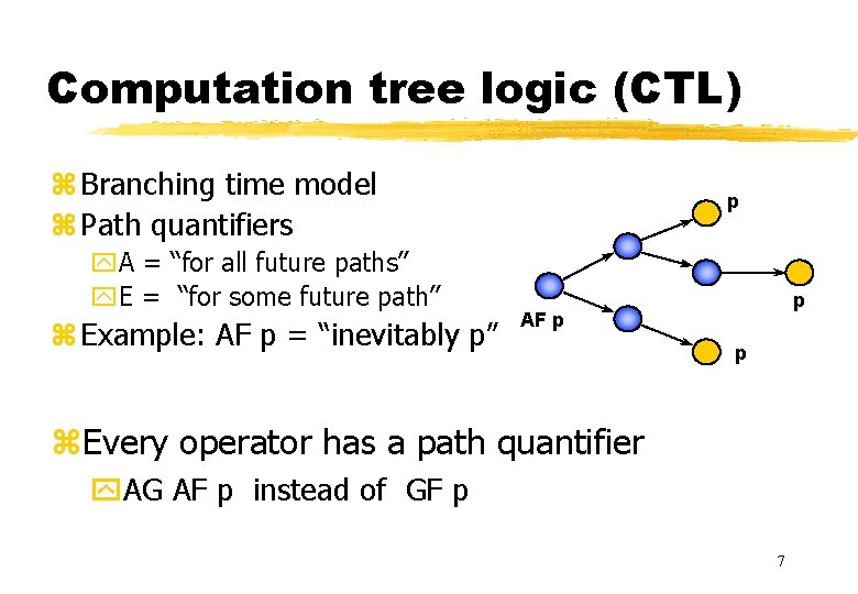 Computation tree logic (CTL) z Branching time model z Path quantifiers y. A =