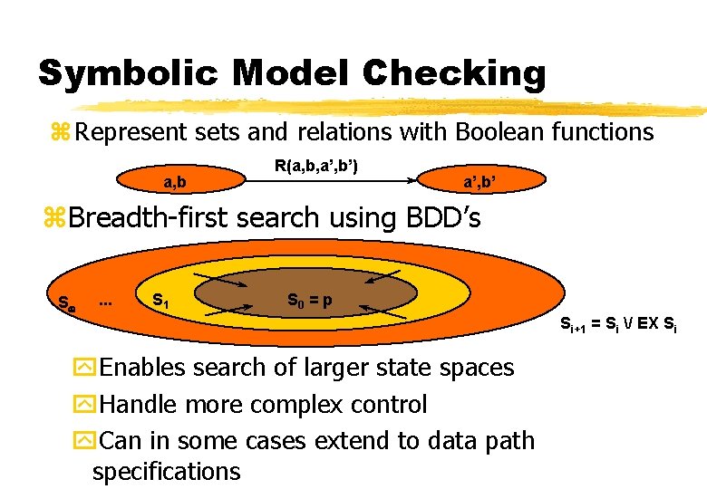 Symbolic Model Checking z Represent sets and relations with Boolean functions a, b R(a,