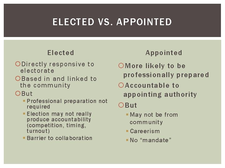 ELECTED VS. APPOINTED Elected Directly responsive to electorate Based in and linked to the