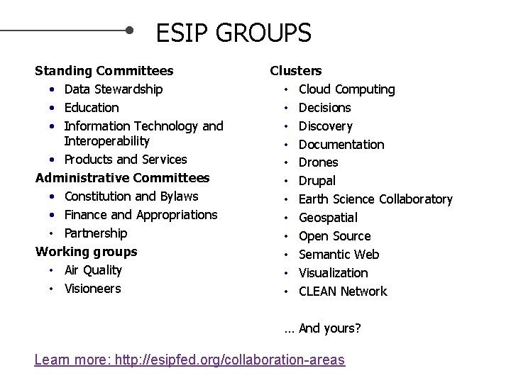 ESIP GROUPS Standing Committees • Data Stewardship • Education • Information Technology and Interoperability