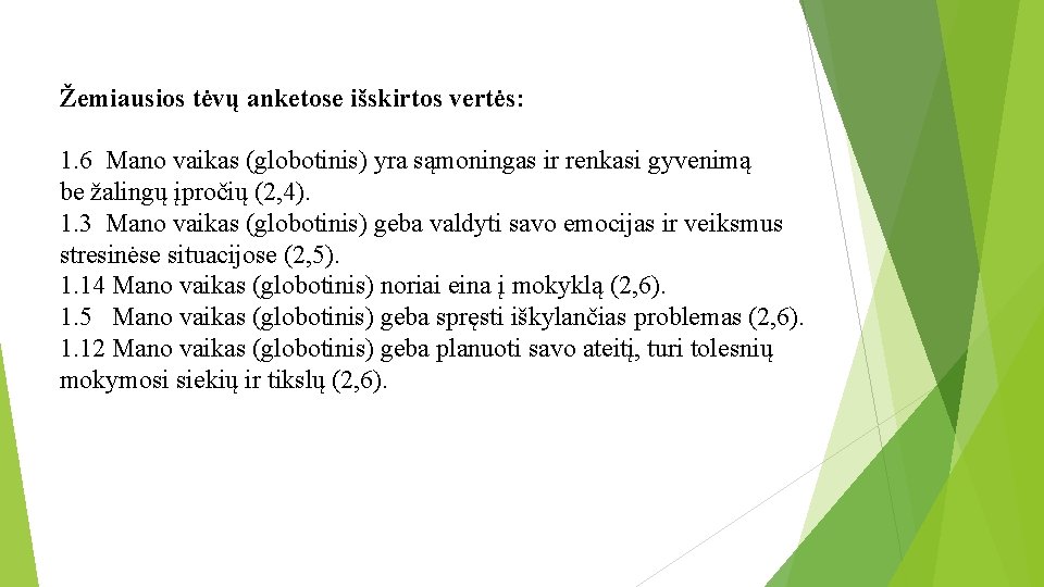 Žemiausios tėvų anketose išskirtos vertės: 1. 6 Mano vaikas (globotinis) yra sąmoningas ir renkasi