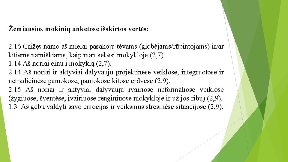 Žemiausios mokinių anketose išskirtos vertės: 2. 16 Grįžęs namo aš mielai pasakoju tėvams (globėjams/rūpintojams)