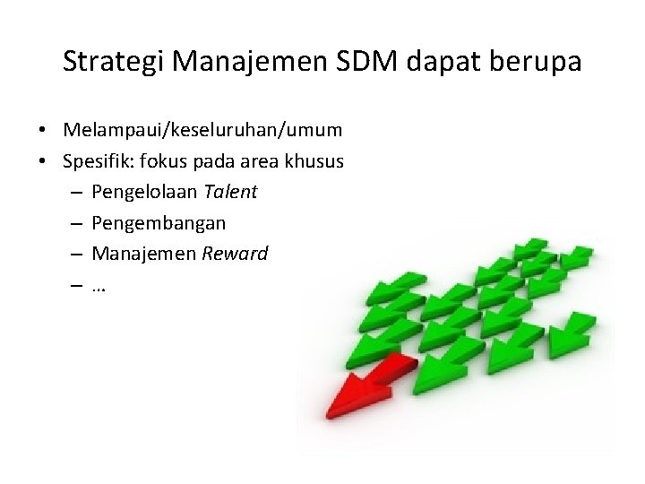 Strategi Manajemen SDM dapat berupa • Melampaui/keseluruhan/umum • Spesifik: fokus pada area khusus –