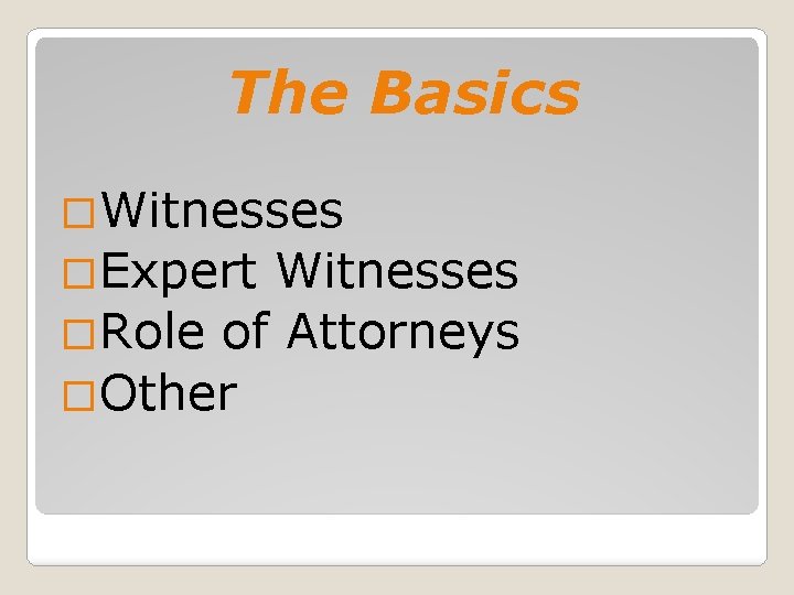 The Basics �Witnesses �Expert Witnesses �Role of Attorneys �Other 