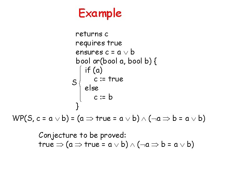 Example returns c requires true ensures c = a b bool or(bool a, bool