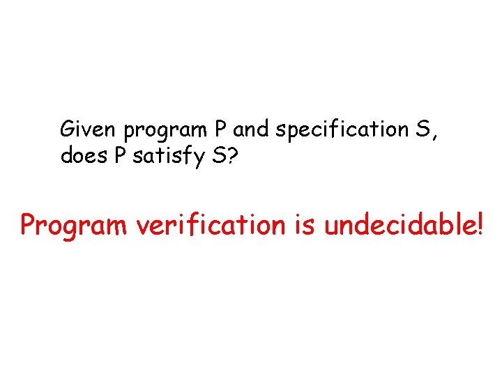 Given program P and specification S, does P satisfy S? Program verification is undecidable!