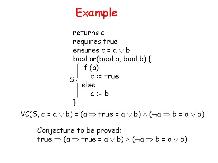 Example returns c requires true ensures c = a b bool or(bool a, bool